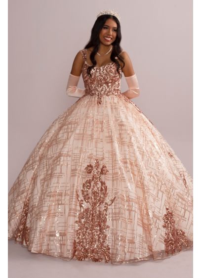 Patterned Sequin Quince Ball Gown with Bolero - Look like royalty in this dazzling quinceanera ball